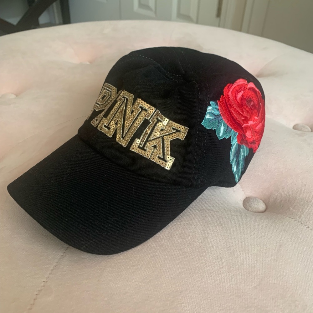 Black Victoria Secret PINK Cap with Red Rose Embroidery Rare - Picture 2 of 7